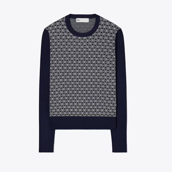 Tory Burch T MONOGRAM TECH KNIT SWEATER in Tory Navy T mono Knit - Picture 1 of 12